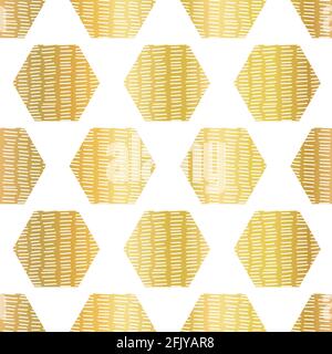 Abstract geometric seamless golden vector background hexagons on white. Repeating pattern with doodle texture hexagon shapes metallic gold foil on Stock Vector