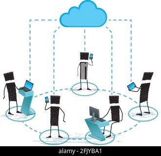 Illustration of a group of stick figures connected to the Internet cloud with different mobile devices (cell phone, laptop, tablet, PC). Stock Vector