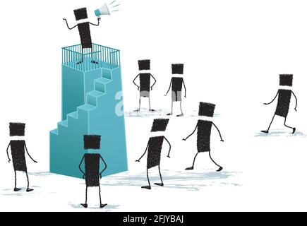 A stick figure is speaking through a megaphone, climb on top of a pedestal. Below, a group of people come to listen. Stock Vector