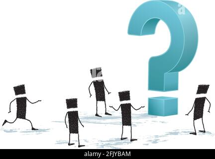 On the floor there is a huge question mark. A group of stick figures approach to look at the question mark. Stock Vector