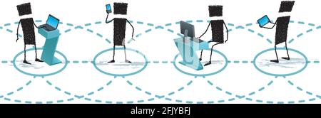 Silhouettes of a group of stick figures connected with one another in a row. Each one is using a different mobile device (mobile, laptop, tablet, PC) Stock Vector