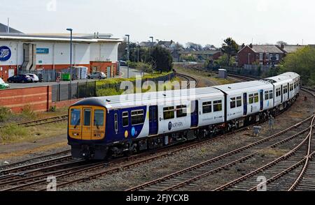 One of Northern’s “new” flexi units arrives in Southport on 26.4.21. The testing of the trains has restarted on the Southport to Wigan line. Stock Photo