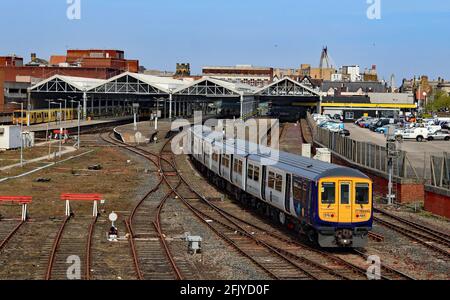 One of Northern’s “new” flexi units arrives at Southport station on 26.4.21. The testing of the trains has restarted on the Southport to Wigan line. Stock Photo