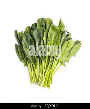 Green spinach leaves isolated on white background. Stock Photo