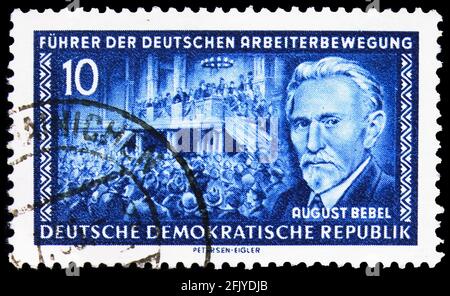 MOSCOW, RUSSIA - SEPTEMBER 27, 2019: Postage stamp printed in Germany, Democratic Republic, shows August Bebel, Leaders of the German Workers' Movemen Stock Photo