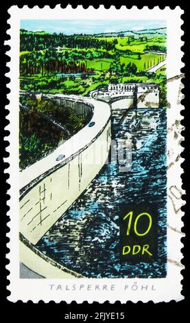 MOSCOW, RUSSIA - SEPTEMBER 27, 2019: Postage stamp printed in Germany, Democratic Republic, shows Pöhl, 10 Pf. - East German pfennig, Dams serie, circ Stock Photo