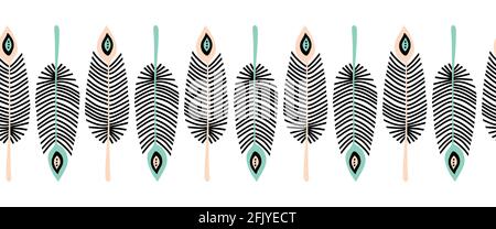 Feathers seamless vector border. Repeating horizontal pattern hand drawn feather line art Boho illustration black pink teal. Monochrome surface Stock Vector