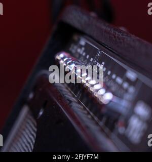 Knobs for volume, tone and various settings on the guitar amp. Guitar combo. Close up. Selective focus Stock Photo