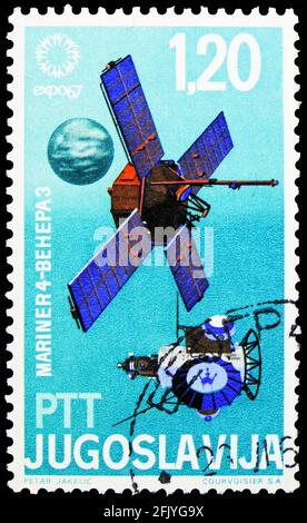 MOSCOW, RUSSIA - SEPTEMBER 27, 2019: Postage stamp printed in Yugoslavia shows Mariner 4, 1.20 din. - Yugoslav dinar, Expo -67 serie, circa 1967 Stock Photo