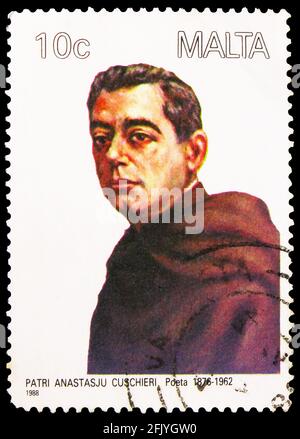 MOSCOW, RUSSIA - SEPTEMBER 27, 2019: Postage stamp printed in Malta shows Fr. Anastasju Cuschieri (poet), 10 Maltese cent, Maltese Personalities (1988 Stock Photo