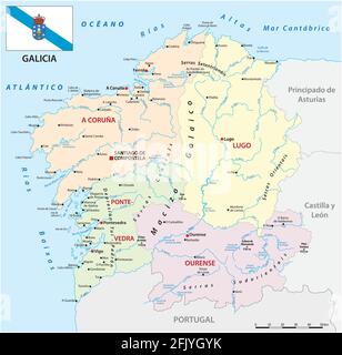 administrative vector map of the Spanish autonomous communities of galicia with flag Stock Vector