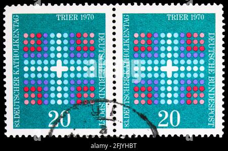 MOSCOW, RUSSIA - SEPTEMBER 27, 2019: Two postage stamps printed in Germany devoted to Catholics' Day, 83rd German Catholic Congress, Trier serie, circ Stock Photo