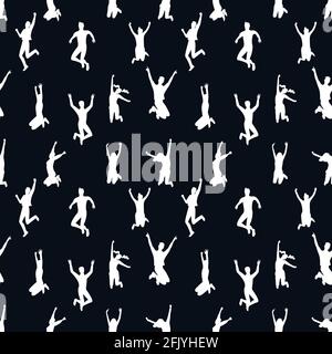 Seamless pattern with black and white silhouettes of crowd of young happy multinational diverse people in jumping poses Stock Vector