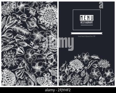 Menu cover floral design with chalk plumeria, allamanda, clerodendrum, champak, etlingera, ixora Stock Vector