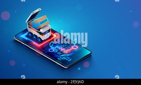 Delivery robot shipping order in a cardboard box. Small Autonomous shipping vehicle of purchase to specified location on map of phone. Robotic Stock Vector