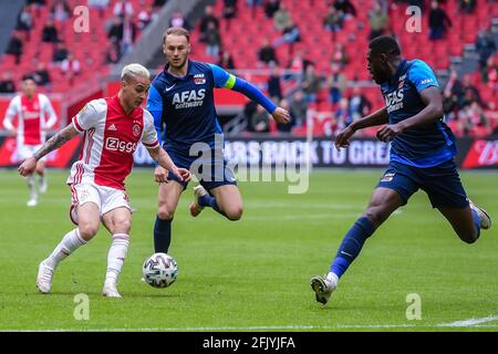 AMSTERDAM, NETHERLANDS - APRIL 25: Antony Matheus dos Santos of Ajax, Teun Koopmeiners of AZ, Bruno Martins Indi of AZ during the Dutch Eredivisie mat Stock Photo