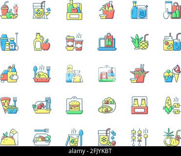 Drinks to go and takeaway food RGB color icons set. Juice. Wine, beer, cocktail. Fried chicken. Phone ordering. Isolated vector illustrations Stock Vector