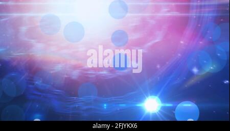 Composition of multiple blue spots and glowing light over stars on pink to purple background Stock Photo