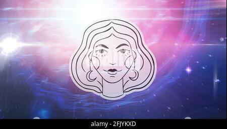 Illustration of black and white virgo zodiac star sign over stars on pink to purple background Stock Photo