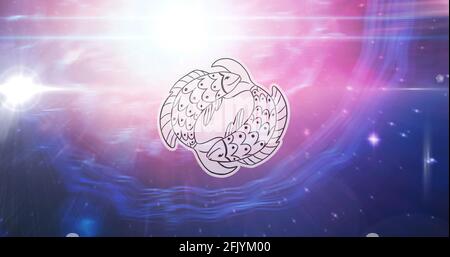 Illustration of black and white pisces zodiac star sign over stars on pink to purple background Stock Photo