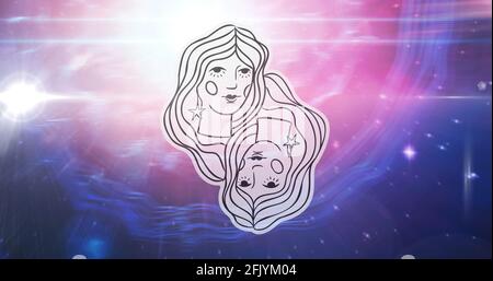 Illustration of black and white gemini zodiac star sign over stars on pink to purple background Stock Photo