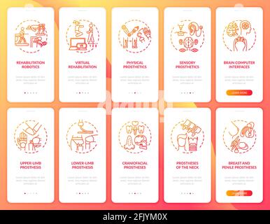 Prosthesis rehab mobile app page set. Physical, sensory implants. 5 steps graphic instructions. UI, UX, GUI vector template linear color illustration Stock Vector