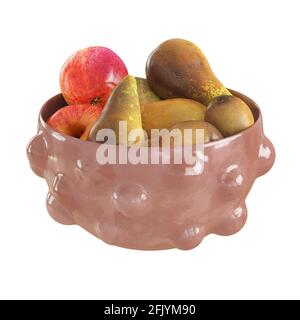 Ripe pears and apples in pink pimpled ceramic vase on an isolated background. 3d rendering Stock Photo