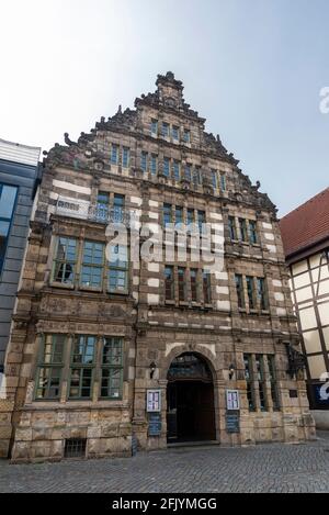 Hamelin, Germany - August 20, 2019: Facade of the Hameln Rattenfängerhause, an old classic medieval building in Hamelin, Lower Saxony, Germany Stock Photo