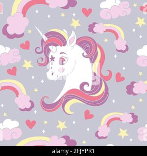 Seamless pattern with cute cartoon unicorn and rainbows on gray background. Vector illustration for party, print, baby shower, wallpaper, design, deco Stock Vector