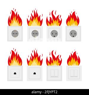 The concept of short circuit in the socket. electric fire. Flame from sockets in a flat style. Electrical connection to overload. Design isolated on w Stock Vector