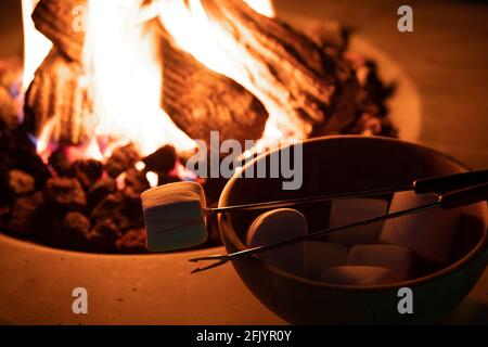 Roasting marshmallow over a gas fire while glamping Stock Photo