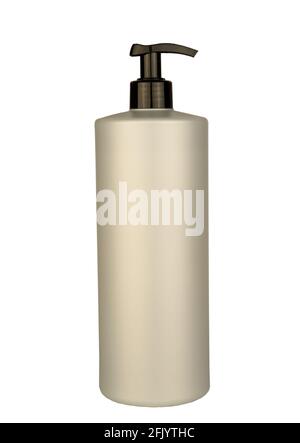Dispenser bottle isolated on white background. Container for shampoo, shower gel, balm, conditioner or other cosmetic products. Gray plastic bottle for liquid detergent and soap. Place for labels text Stock Photo