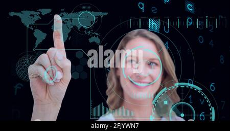 Composition of woman touching virtual screen with scope scanning, world map and data processing Stock Photo