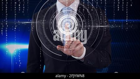 Composition of man touching virtual screen with scope scanning and letters changing Stock Photo