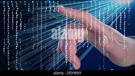 Composition of woman touching virtual screen with scope scanning and letters changing Stock Photo