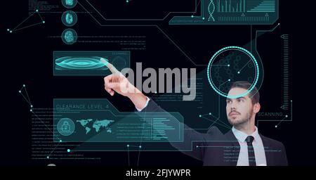 Composition of man touching virtual screen with scope scanning and data processing Stock Photo