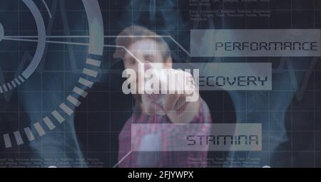 Composition of man touching virtual screen with scope scanning and sports text Stock Photo