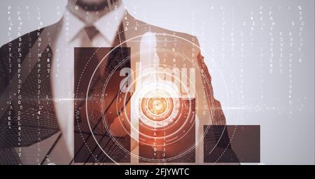 Composition of man touching virtual screen with scope scanning and letters changing Stock Photo