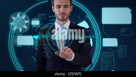 Composition of man touching virtual screen with scope scanning and data processing Stock Photo