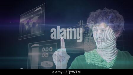 Composition of man touching virtual screen with biometric fingerprint and data processing Stock Photo