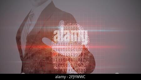 Composition of man touching virtual screen with biometric fingerprint and binary coding Stock Photo