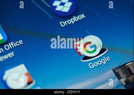 New york, USA - April 26, 2021: Set of google apps on smartphone screen macro close up view Stock Photo