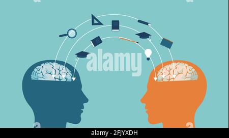 Vector silhouette of two profile heads exchanging knowledge Stock Vector