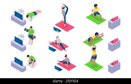 Online fitness and training concept. Vector of women and a man practicing yoga, exercising and lifting weights with fitness instructor on TV or laptop Stock Vector