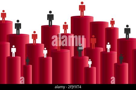 Infographic poster or presentation cover with red cylinders and people pictograms on them, different size bars forming background Stock Vector