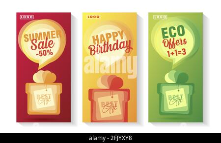 Set of greeting cards or promo banners with illustration of gift box and speech bubble with promo text Stock Vector