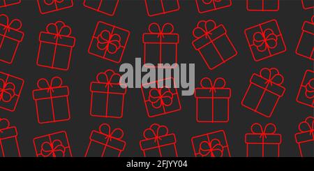 Seamless pattern of red linear gift boxes, side and top view with ribbon bow, red line on black background Stock Vector