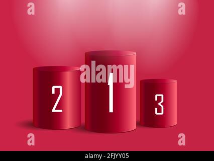 Red Pedestal with Spotlight, 3d red cylinders as podiums for first second and third places, winners in competition Stock Vector