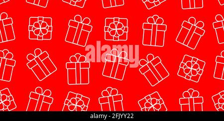 Seamless pattern of white simple line gift boxes on red backdrop Stock Vector