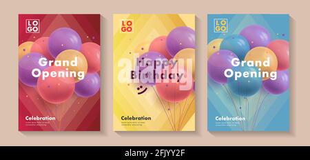 Set of happy birthday and grand opening posters with 3d round festive balloons on bright backdrop Stock Vector